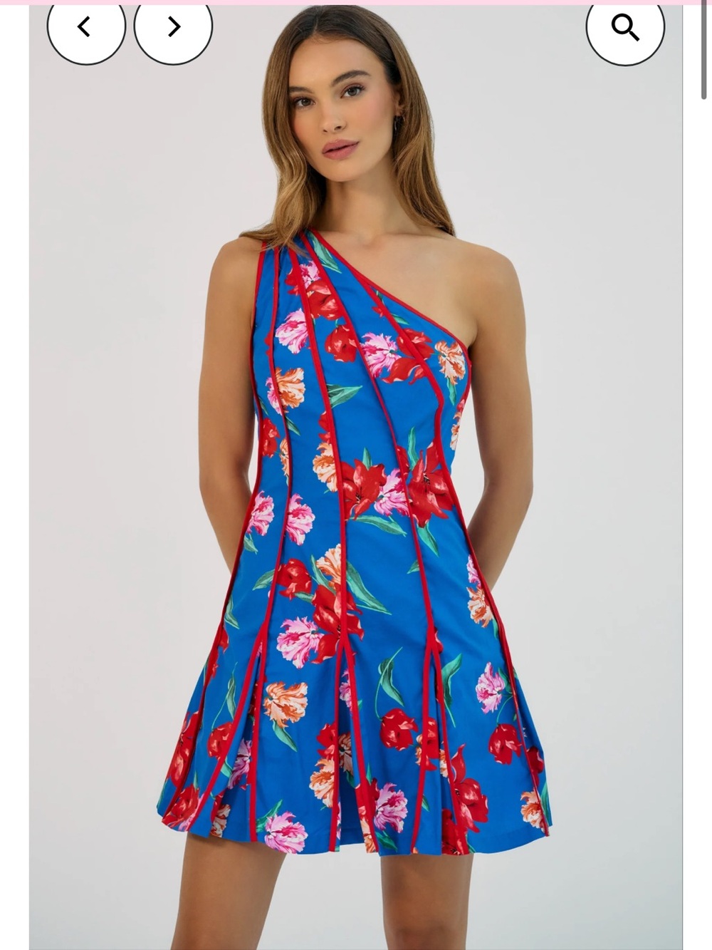 hutch blue red floral print one shoulder flared A-line mini sun dress small NEW